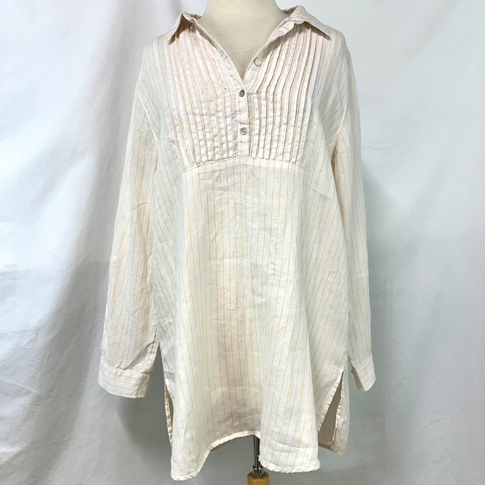 CYNTHIA ROWLEY Striped 100% Linen Pintuck Popover Tunic L Roll Tab Sleeve Preppy